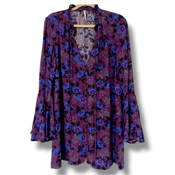 Free People Boho Tunic Purple Floral Pattern with Flared Sleeves‎ Size S - Picture 1 of 7